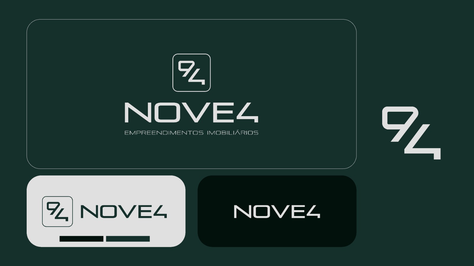 Identidade visual da Nove4 Empreendimentos Imobiliários: símbolo 94, logotipo e versões em fundo verde, claro e escuro